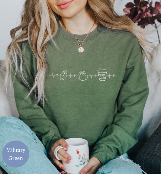 Fall Favorites Football Season Sweatshirt with Heartbeat Design and Pumpkin Print Perfect for Autumn Season and Coffee Lovers