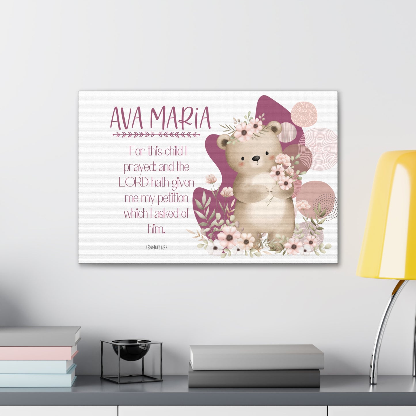 Boho Bear for girls room-Personalized baby name nursey wall canvas.