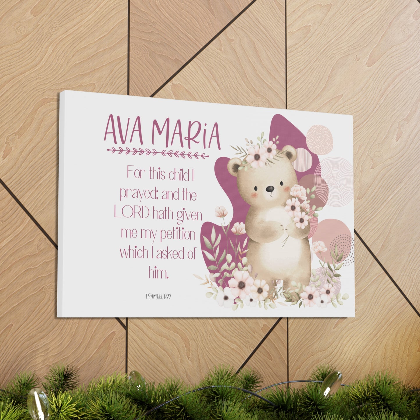 Boho Bear for girls room-Personalized baby name nursey wall canvas.