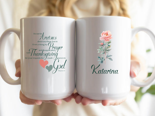 Personalized floral mug with name and bible verse,  Christian gift for her.