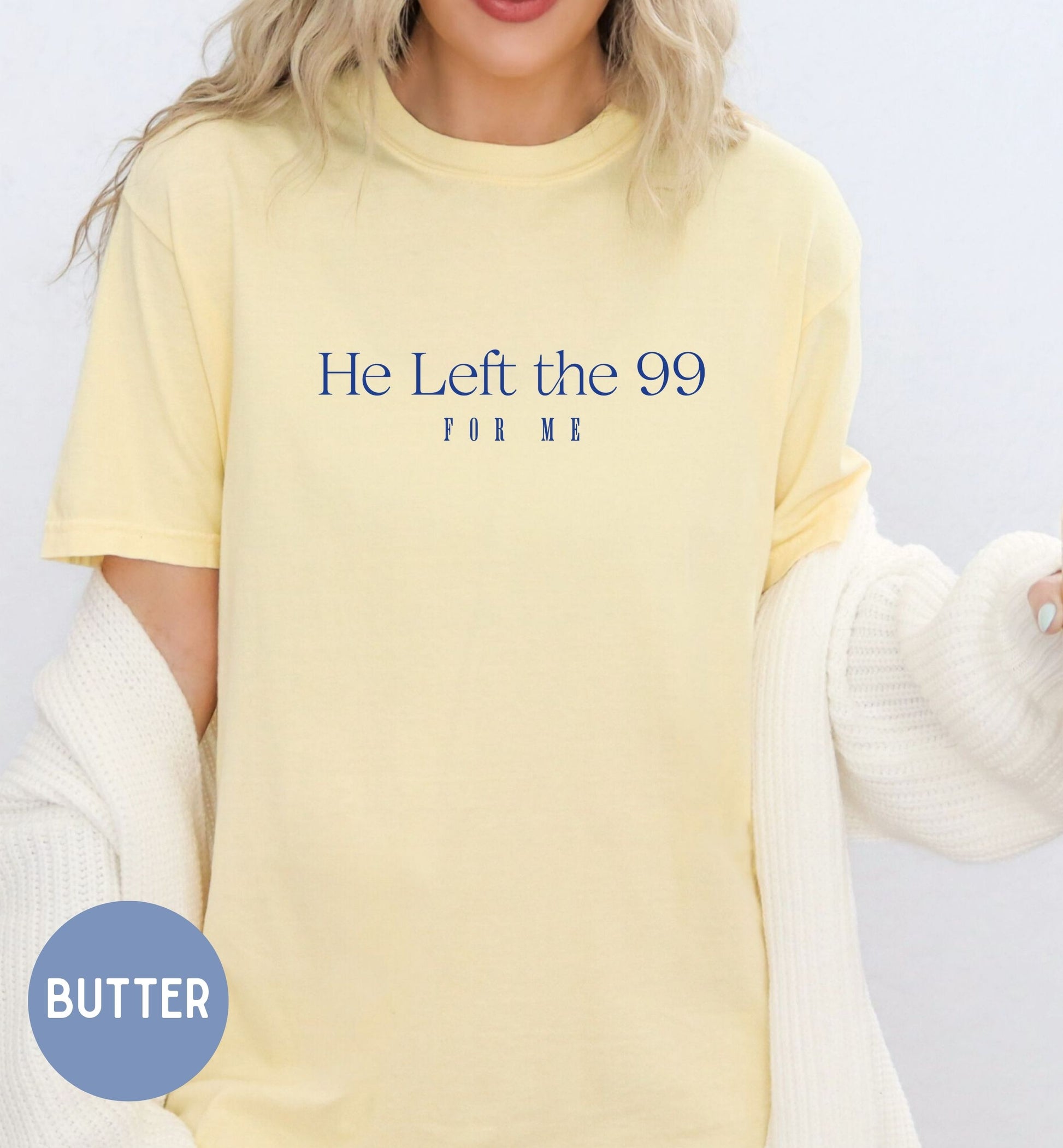 a woman wearing a yellow t - shirt with the words, he left the 99