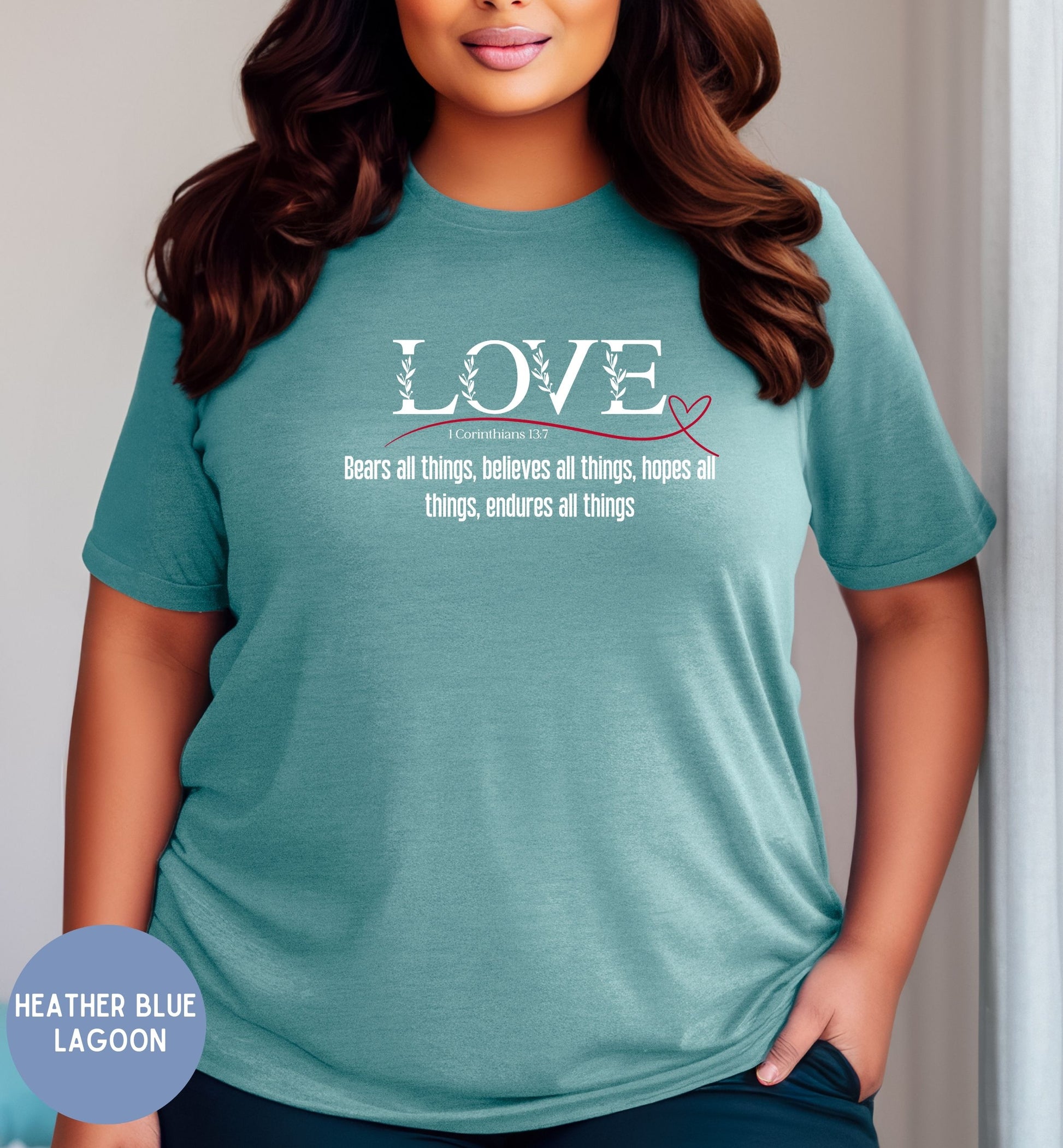 a woman wearing a t - shirt that says love