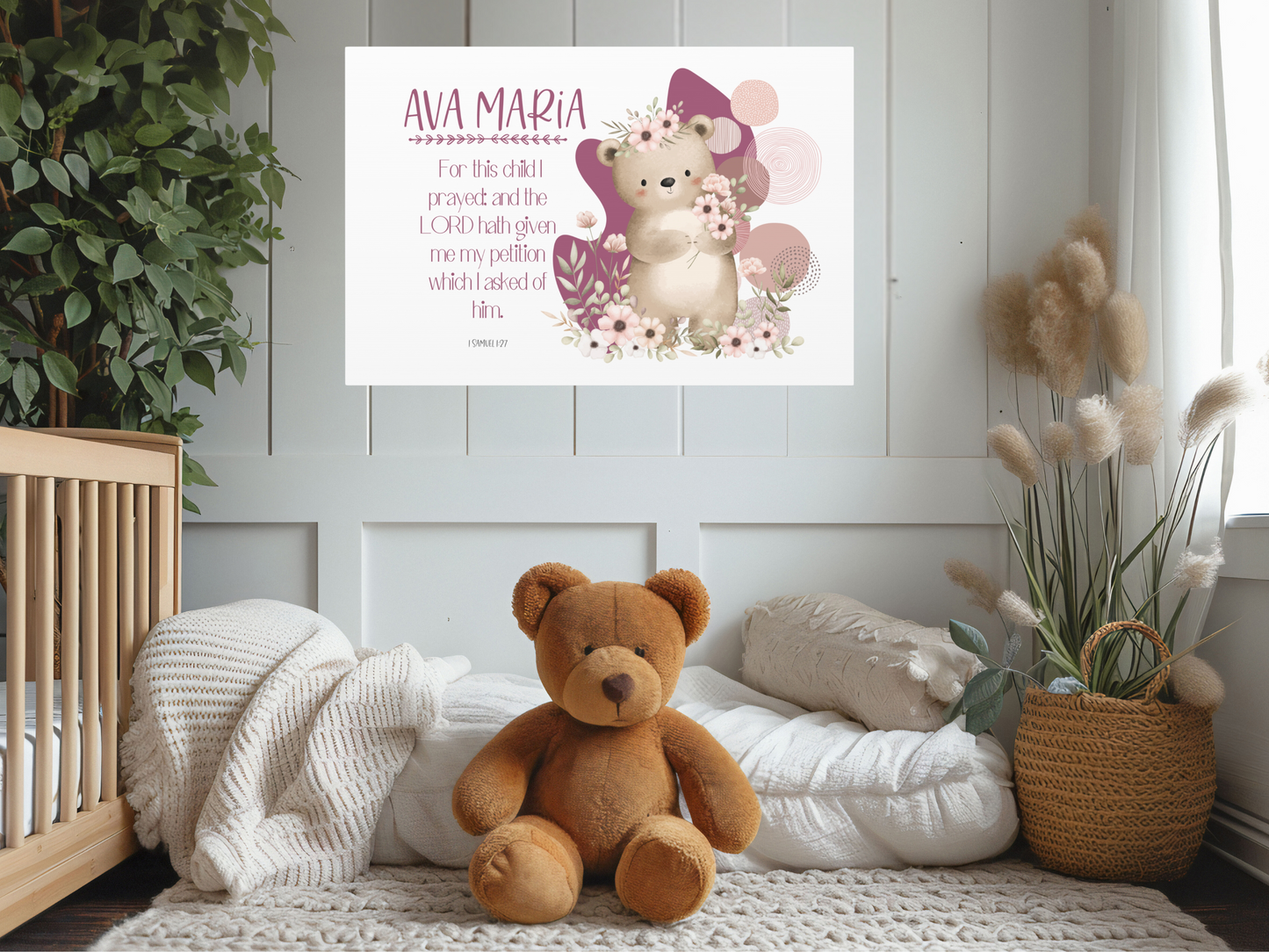 Boho Bear for girls room-Personalized baby name nursey wall canvas.