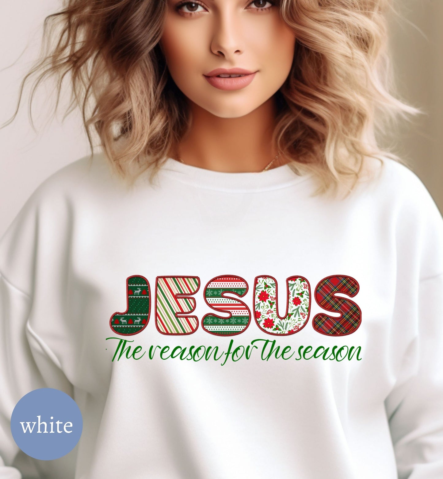 a woman wearing a sweatshirt that says jesus the reason for the season