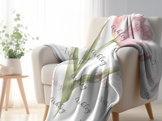 Personalized Name - Cozy Sherpa Blanket  With Pink Tulip- Great gift for Women.