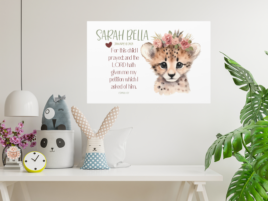 Personalized baby name, Girl nursery wall art- Baby Cheetah