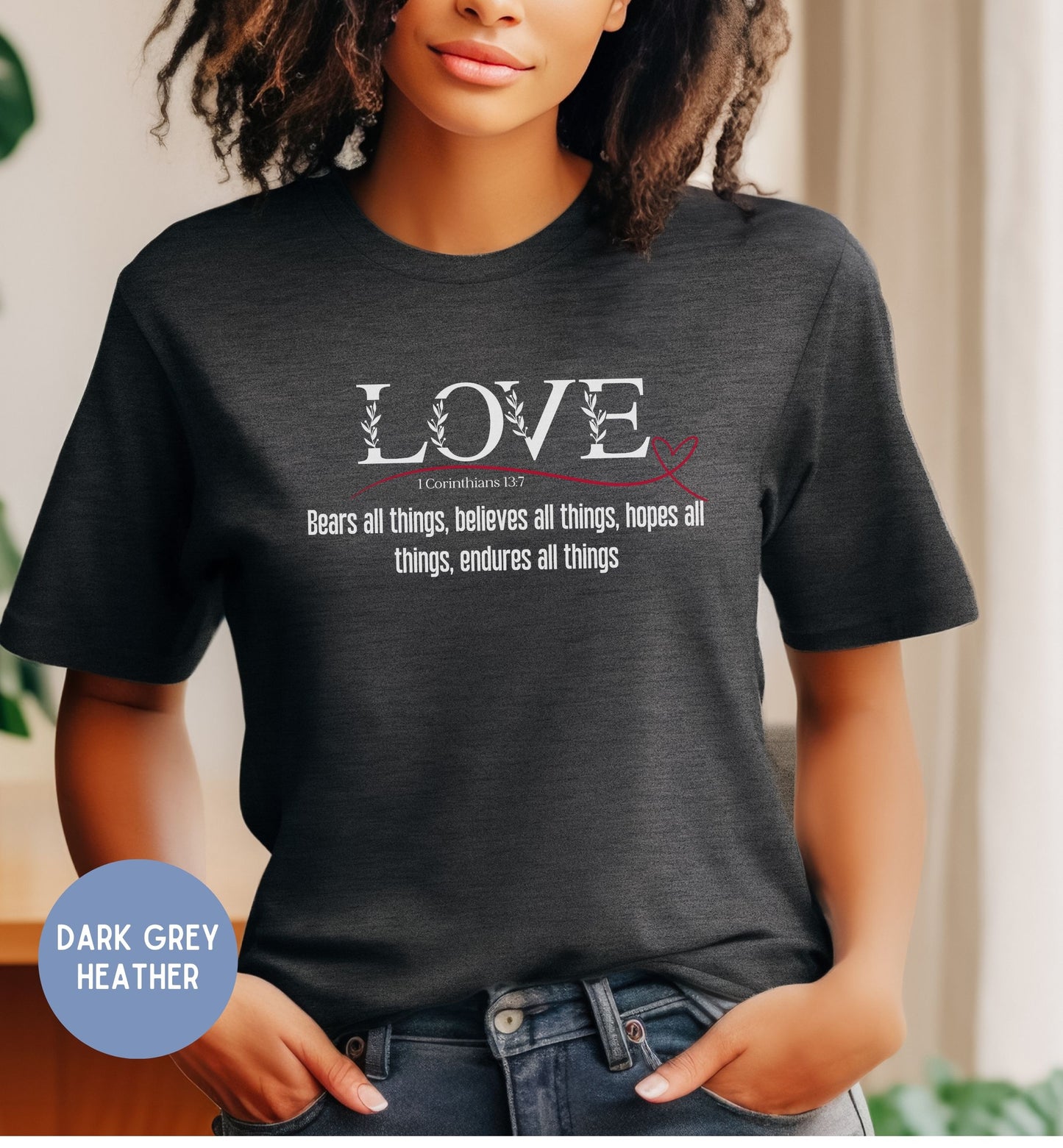 a woman wearing a t - shirt that says love