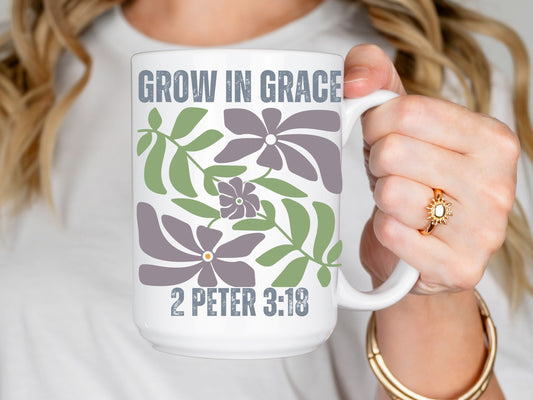 Grow in Grace 2 Peter Christian Coffee Mug with Floral Design for Women