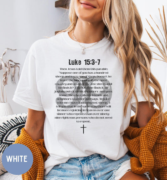 Parable of the Lost Sheep, Luke 15, Bible verse Christian T-shirt.